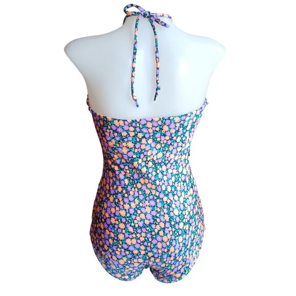 Medium True Vintage Floral Halter One Piece Bodysuit Swimsuit Ruched Mom 1980's - Picture 5 of 10